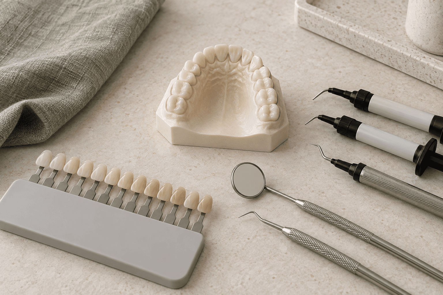 Modelo odontológico, escala de cores e instrumentos para estudo de resina composta